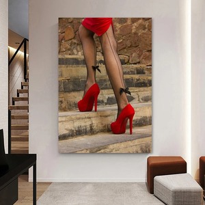 Stampa su tela moderna da parete con donna in calze a rete rosse sexy e tacchi alti, per soggiorno e decorazioni per la casa - Product Image 1