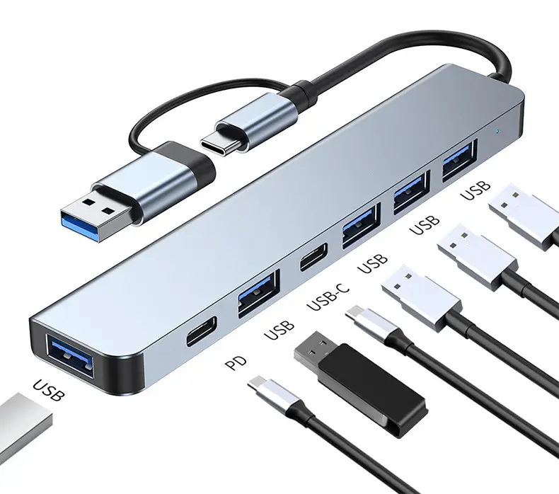 Adaptor Hub Usb 7 in 1, usb C hub splitter Usb data usb3.0 Tipe c stasiun Dok Tipe c 2.0 hub Data Tipe c untuk komputer Laptop