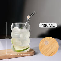 Gobelet en verre moderne à motif de fruits ondulés avec couvercle en bambou, paille en verre réutilisable, compatible micro-ondes et lave-vaisselle, pour café glacé et boissons gazeuses