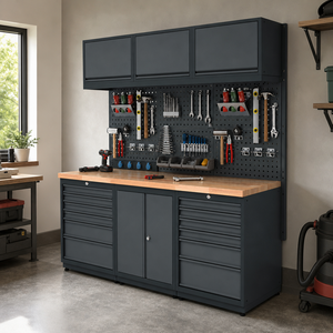 Système d'armoires de rangement robustes pour <span class=keywords><strong>garage</strong></span>, établi modulaire, panneau perforé, tiroirs, serrure à clé pour ateliers de réparation automobile - Product Image 1