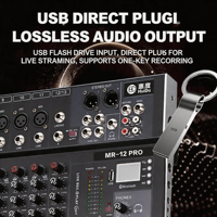 Console de mixage audio professionnelle 8 canaux MR-6/8/12PRO en métal avec Bluetooth, enregistrement USB et alimentation fantôme 48V pour DJ de scène