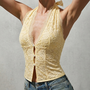Top Halter de Encaje Amarillo para Mujer con Botones de Perlas, Blusa Transparente con Cuello en V y Estampado Floral, Ajuste Delgado, Sexy, Top Corto de Verano 2026 Nuevo - Product Image 1