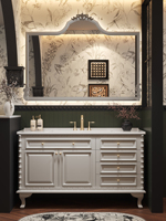 Ensemble de meubles de salle de bain en bois de caoutchouc et céramique de style vintage américain, sur pied, avec lavabo en dalle de roche intégré sans joint, intelligent