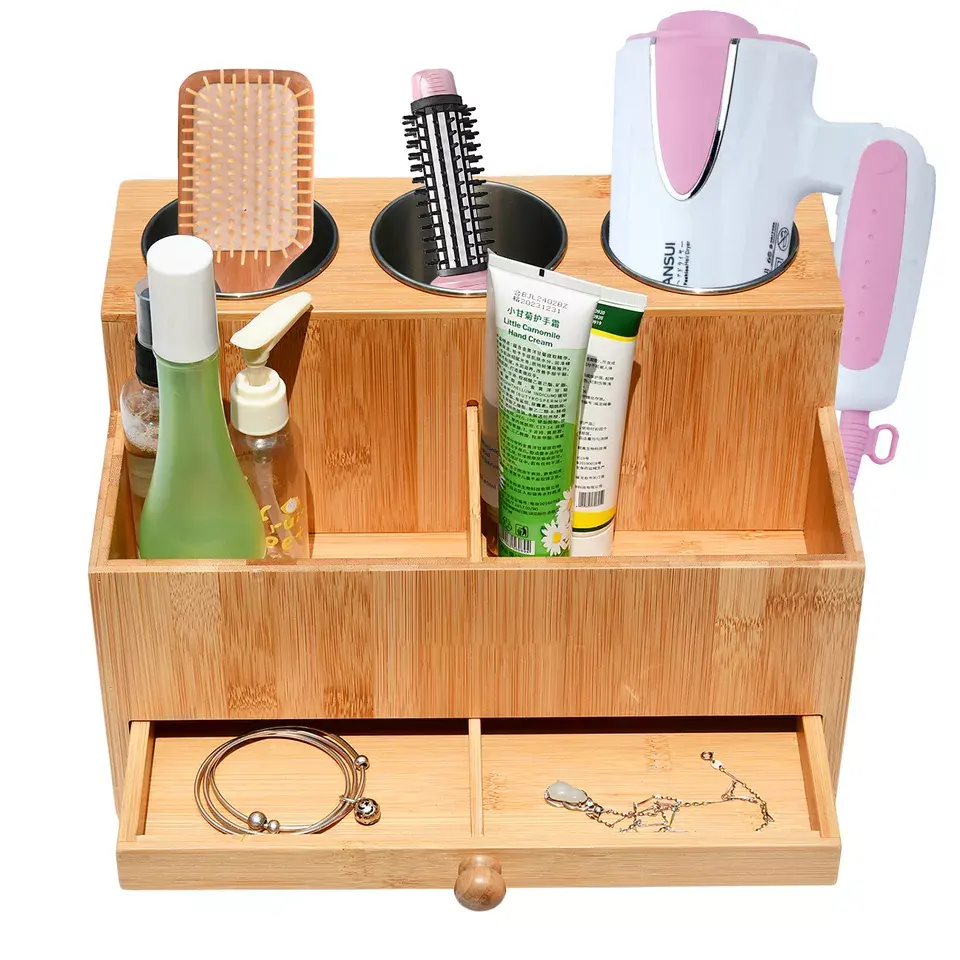 Hair Tool Organizer- Bamboo Blow Dryer Holder Bathroom Countertop Vanity Caddy Storage Stand For Accessories