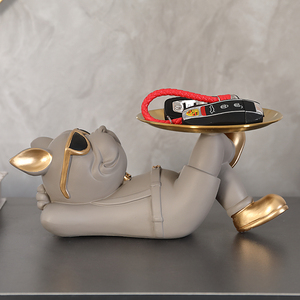 Bulldog francese <span class=keywords><strong>Butler</strong></span> con vassoio scatola portaoggetti statua e scultura di cane ornamenti da tavola animali decorazioni per la stanza dal vivo arte in resina - Product Image 3