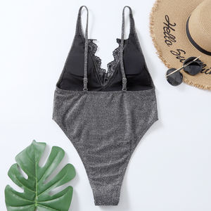 Prezzo di fabbrica Pad rimovibile Halter Monokini pizzo costumi da bagno interi, Sexy grigio Glitter occhiello pizzo scollo a V taglio alto costume da bagno- - Product Image 3