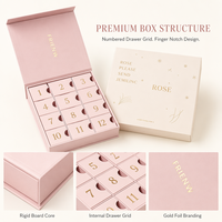 Caja de Regalo de Lujo Personalizada Hecha a Mano Rosa Magnética con 12 Compartimentos para Uñas Postizas, Calendario de Adviento, con Estampado en Relieve de Lámina Dorada Rígida