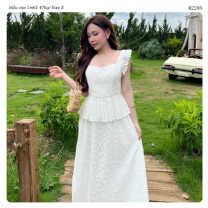 เดรสยาวทรงเอพิมพ์ลายดอกไม้สำหรับผู้หญิง คอเหลี่ยม แขนระบายพลิ้วไหว ทรงเอไลน์ รับผลิตแบบ OEM ODM ขายส่ง ผู้ผลิตจากเวียดนาม - Product Image 1