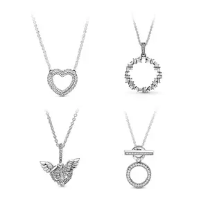 S925 Silver Zircon Personality Clavicle Chain Wings Love Heart Pave Full Of Diamond Pendant Korean Fashion Simple Necklace