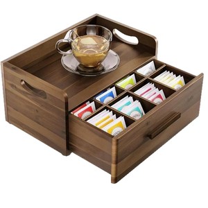 Wooden <b>Tea</b> Bag Storage <b>Box</b> With Drawer Dividers For Desktop <b>Tea</b> Set Organization - Product Image 1