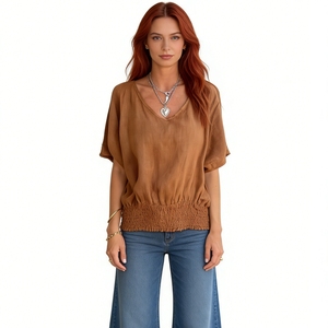 Damen V-Ausschnitt Kurzarm Bluse mit Geraffter Taille aus Leinen Lässige Weite Passform Oberteil Sehe Fashion - Product Image 4