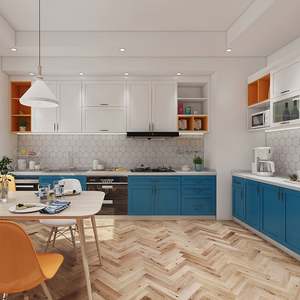 Armoires de cuisine modulaires en bois avec des designs gratuits, comptoir en marbre artificiel et panier de rangement bleu, fabriqué en Chine - Product Image 1