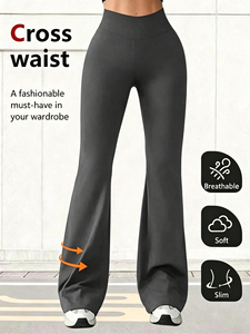 High Waist <b>Flared</b> Leg Yoga <b>Leggings</b> Full Length Solid Black Seamless Four-Way Stretch Elastic Waist Spandex/Polyester 220g - Product Image 4