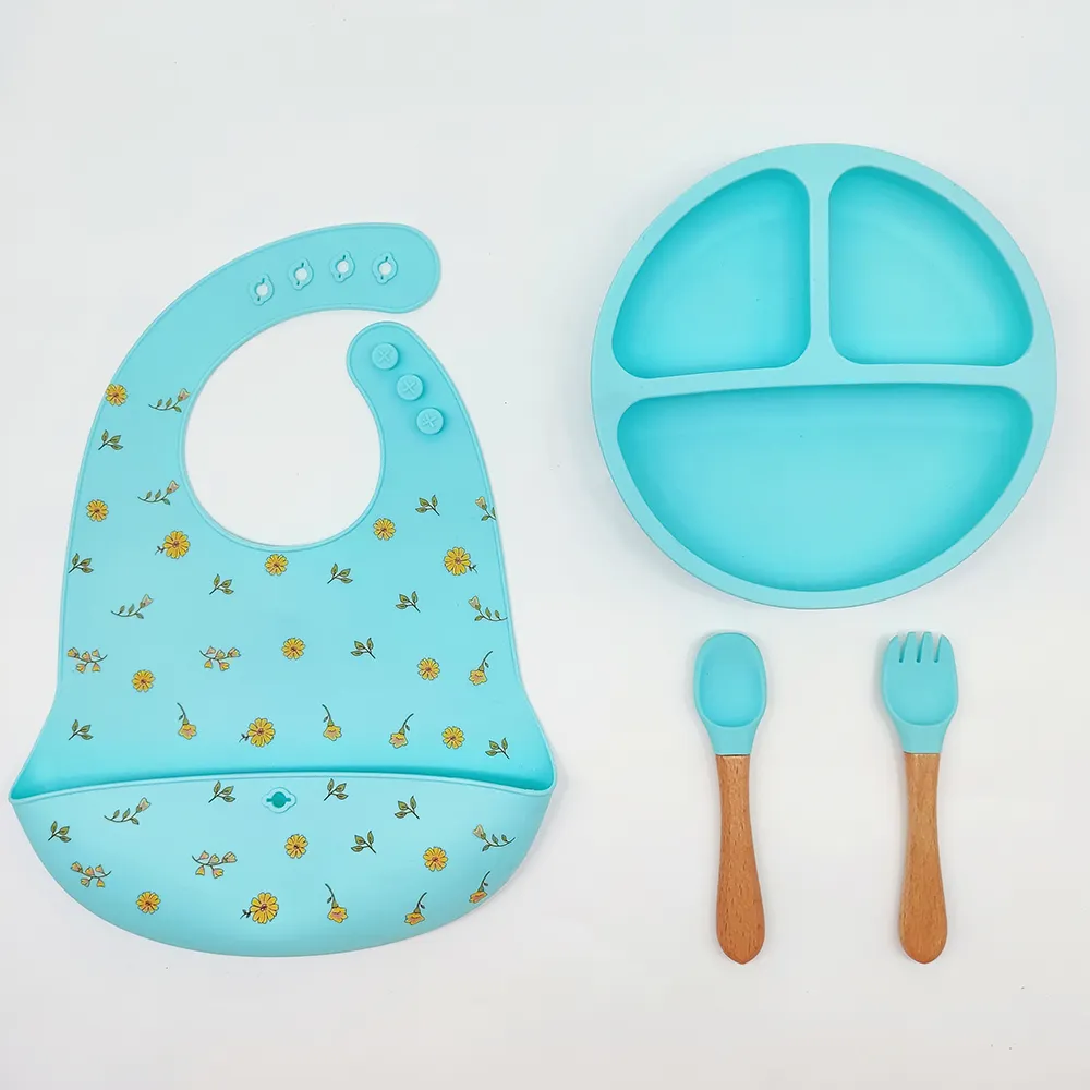 Ensemble cuillère et fourchette pour l'alimentation de bébé personnalisé Écologique Non-Toxique Ensemble d'assiettes à vaisselle en bambou avec bol à succion en bois de silicone pour repas d'enfants