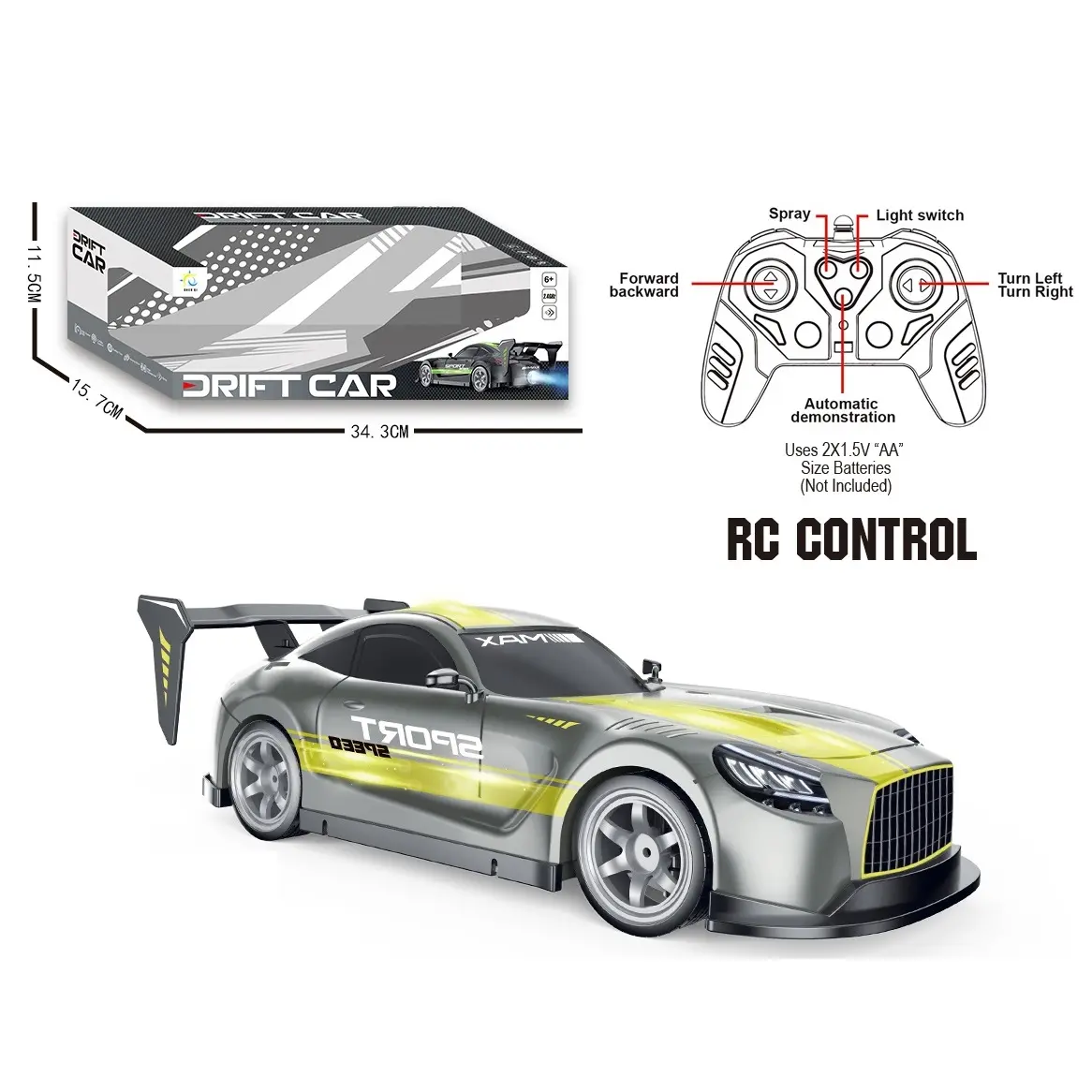 Carro RC com LED e fumaça de controle remoto 2.4G, carro R/C 2 cores, novidade