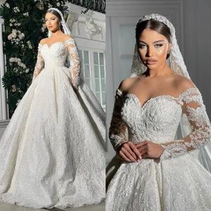 Splendido pizzo pieno A e abiti da sposa 2025 collo trasparente A maniche lunghe strascico abiti da sposa abito da sposa - Product Image 1