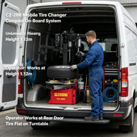 Changeur de pneus mobile pour réparation routière, installé dans un fourgon de service, indispensable pour les travaux d'entretien des pneus de voiture sur site