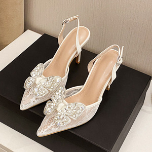 รองเท้าส้นสูงสตรีแบบส้นเข็ม ปลายแหลม ประดับเพชรด้านหน้า สายรัดข้อเท้าแบบสลิงแบ็ค พร้อมเชือกผูกด้านหลัง - Product Image 5