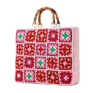 Retro Phong Cách Công Suất Lớn Tote Túi Cho Phụ Nữ Granny Kiểm Tra Crochet Hollow Hoa Thiết Kế Tre Xử Lý Handmade Crochet Túi Xách - Product Image 5