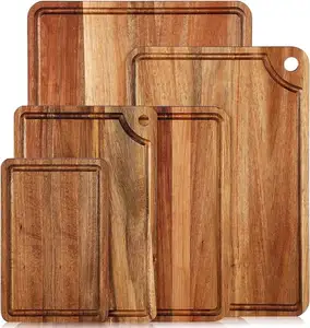 Ensemble de 3 planches à découper en bois d'acacia avec rainure à jus Planche à découper réversible en bois avec rainure à jus et poignées