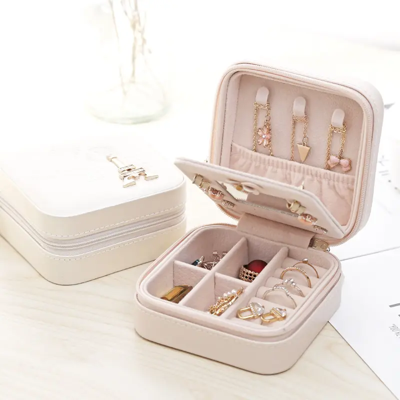 Mini Square Jewelry Storage Box Simple Portable PU Leather Jewelry Box Earrings Necklace Ring lipstick Storage case with mirror