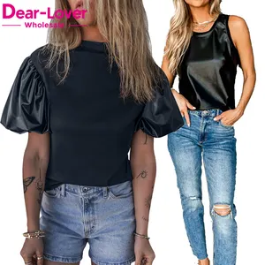 Dear-Lover Camisetas de gola alta para mulheres com couro sintético elegante de marca própria personalizada OEM ODM