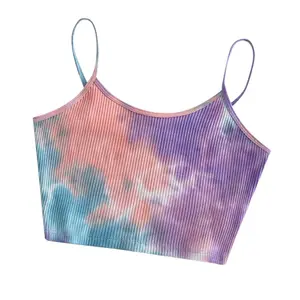 W1871 Women Camisole Tie Dye Print Tank Vest Summer Sleeveless Sexy Crop Top Ribbed Knitted Tunic Leisure Basic Bodycon Bra Cami