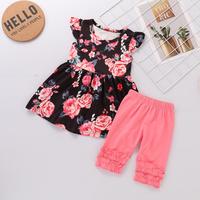 2020 New Baby Girls Kleidung Blumen druck Langarm Kleid Gestreifte Glocken hose Sets Mädchen Kleidung