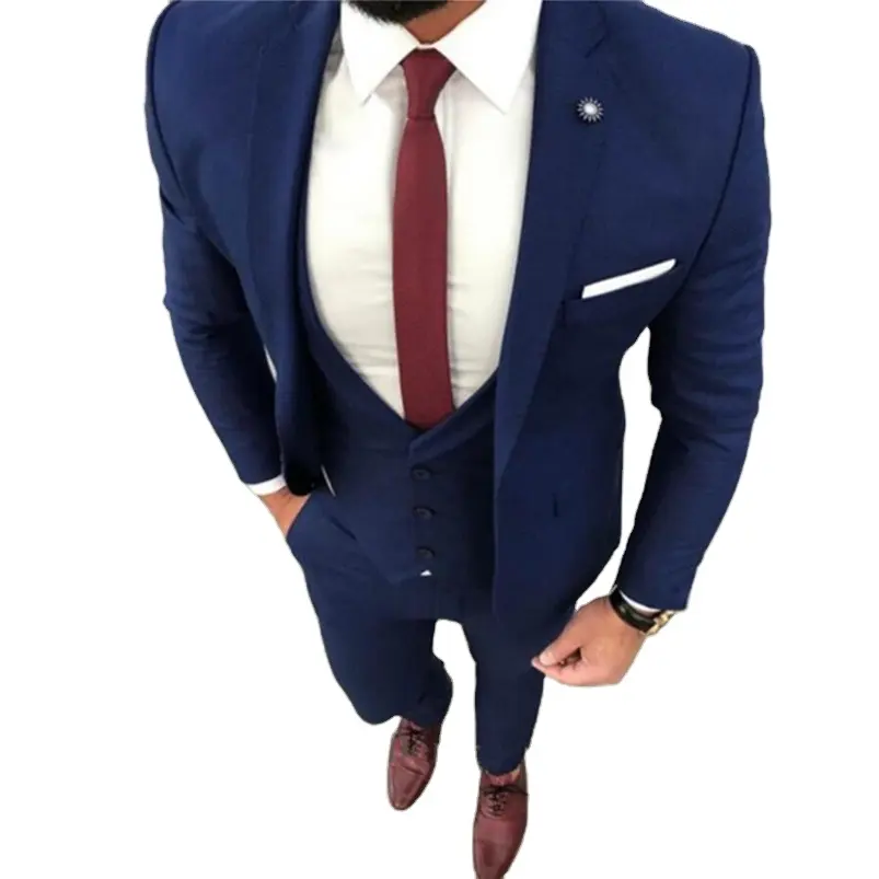 Traje de esmoquin para hombre, chaqueta, chaleco y pantalones, esmoquin personalizado, color azul marino, trajes de boda, HD132