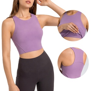 <strong>Women</strong> High Neck Sleeveless <strong>Longline</strong> Sports Tank Tops Gym Running Cropped <strong>Vest</strong> Exercise Workout Singlet - Product Image 1