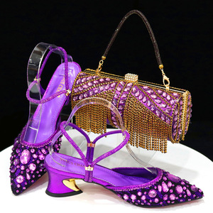 Women's <b>pointed</b>-<b>toe</b> strappy sandals, lace-up diamond-studded low-heeled shoes + round tube fringed handbag - Product Image 3