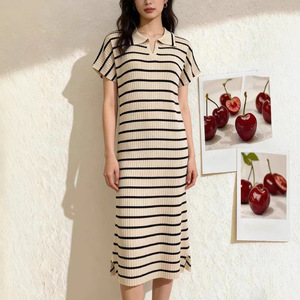Abito Estivo da Donna Casual Slim-Fit a Mezza Lunghezza a Righe <span class=keywords><strong>con</strong></span> <span class=keywords><strong>Spacco</strong></span>, Colletto Risvoltato e Maniche Corte in Fresco Seta Acrilica - Product Image 2