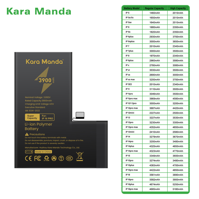 Kara Manda Factory OEM Rechargeable 800Cycle Battery Replacement Mobile Phone Battery for iPhone 16 Pro High Capacity Battery