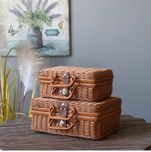 Hot Bán Cổ Điển Dệt Dã Ngoại Giỏ Stackable Mềm Hình Chữ Nhật Dệt Lưu Trữ Nhựa Mây Vali Với Nắp Giỏ Quà Tặng - Product Image 1