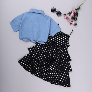 New Style Summer Short Sleeve Denim <b>Jacket</b> Polka Dot Slip Kids Girls Dress - Product Image 2