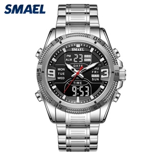 Montre chronographe analogique-numérique SMAEL 6055, étanche, lumineuse, avec alarme, boîtier/cadran en alliage, bracelet en acier inoxydable, chronomètre - Product Image 1