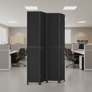 Divisor de Habitaciones de 4 Paneles en Negro Sólido, Biombos de Oficina de Madera de Paulownia Hechos a Mano, Diseño Moderno Independiente - Product Image 2