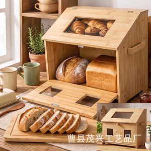 Boîte de rangement pour pain en bambou, double couche avec fenêtre, récipient alimentaire de cuisine pour pain et fruits - Product Image 4