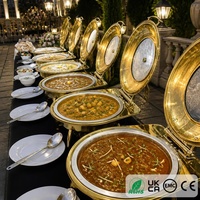 Plat de service rond en or 6L avec dôme, pieds courbes, pour buffet de gala d'hôtel, ensemble de luxe pour traiteur, chauffe-plats pour maintenir les aliments au chaud