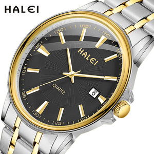 Montre Homme HALEI Neuve Originale à Quartz, Cadran Noir, Boîtier Doré, Bracelet en Acier Inoxydable, Affichage de la Date, Mouvement Japonais - Product Image 2