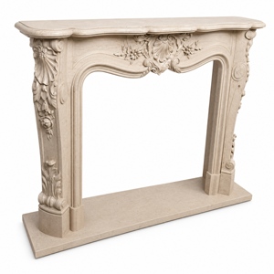 Cheminée en marbre personnalisée, moderne, sculptée à la main, luxueuse, en marbre beige Galala, avec manteau de cheminée en marbre - Product Image 2