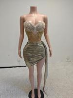 Vestido de Novia MF de Dos Piezas con Encaje y Lentejuelas, Sin Mangas, Corte A, Cintura Imperio, Sexy, Mini, de Poliéster, con Diseño Geométrico de Robot
