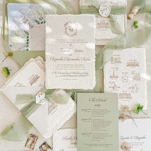 Cartes d'invitation de mariage personnalisées, faites à la main, en papier gaufré à bords festonnés, avec impression typographique, enveloppes vertes Saga, logo personnalisé - Product Image 2