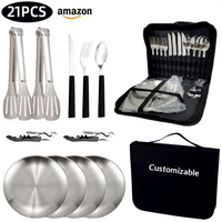 Ensemble de couverts de camping en acier inoxydable : couteau, fourchette, cuillère, assiette, pince, ouvre-bouteille, sac de rangement