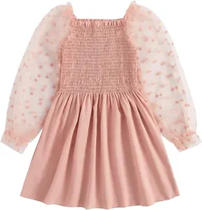 Personalizar Polka Dots Mesh Flounce manga larga en verano vestido fruncido acampanado bata artesanía vestido de color rosa Tamaño 7 años