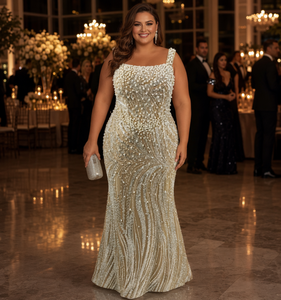 Abito da sera formale <span class=keywords><strong>taglie</strong></span> <span class=keywords><strong>forti</strong></span> con spalline sottili, in tulle color champagne nude, con perline e strass fatti a mano, ideale per Gala, Red Carpet, Ballo di fine anno, Feste - Product Image 5