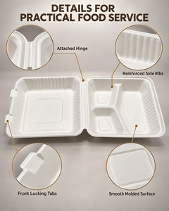 Cajas de Almuerzo Desechables de 9 Pulgadas, Hechas de Bagazo de Caña de Azúcar, 100% Biodegradables, Ecológicas, Compostables, con Tapa Abatible, Certificadas - Product Image 6