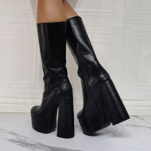 Black Women Round Toe Chunky Heels Under the Knee <b>Boots</b> With Zipper High Platform Women Summer Dress Half Knee High <b>Boots</b> Pumps - Product Image 5