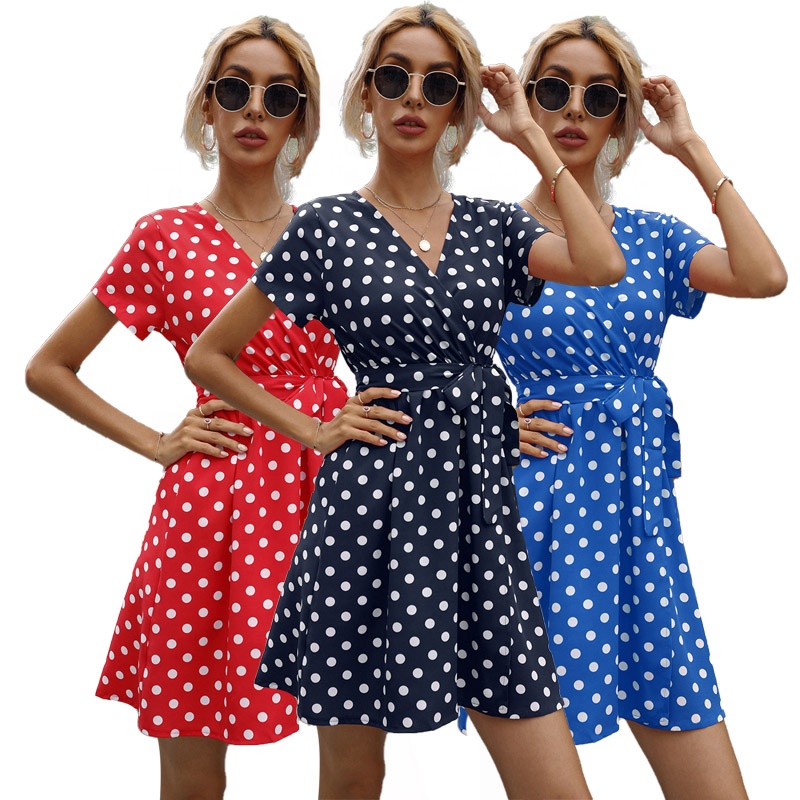 strapless open back dress Blue Square Neck Crepe Polka Dot Fit and Flare Midi Dress