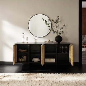 <span class=keywords><strong>Credenza</strong></span> Moderna in Rovere a Contrasto, Top e Base Neri, Quattro Ante in Legno Naturale per Soggiorno e Sala da Pranzo - Product Image 1